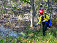 A fireman begins the extinguishing process by walking through the burned area thoroughly soaking every inch to prevent any unwanted flare-ups