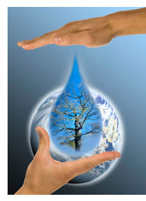 Hands holding water droplet in front of globe